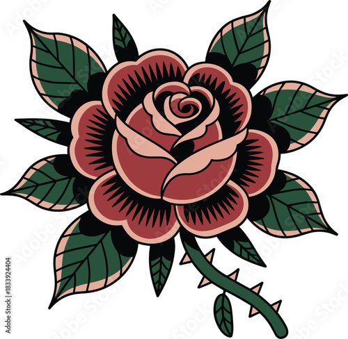 Classic American Traditional Rose Tattoo Vector: Retro Old School Style Design with Pinkish Red Flower Petals and Green Leaves, Ideal for Vintage Graphics and Apparel Design.