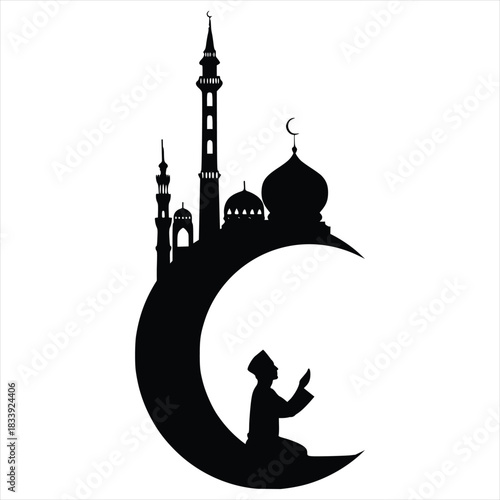Islamic Prayer Silhouette on Crescent Moon – Mosque Domes and Minarets Spiritual Illustration