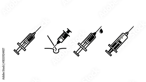 Black and White Syringe Icon Set Illustrating Vaccination and Medical Procedures