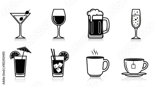 Black and White Vector Icons Representing Diverse Beverages on a White Background