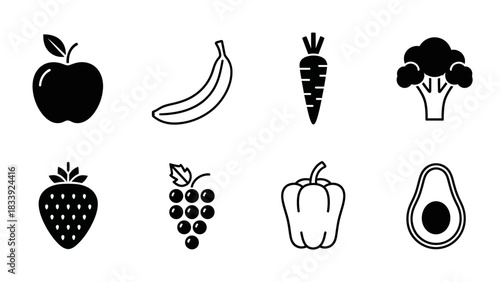 Black and white vector icons featuring fruits and vegetables for health and nutrition related