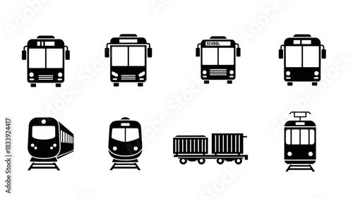 Black and white transportation icons featuring buses, trains and cargo wagons in vector format