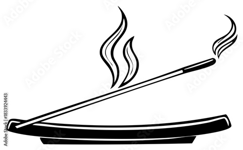 Abstract line art illustration of a burning incense stick with wisps of smoke rising in a holder