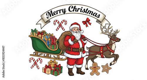 Festive Santa Claus with Sleigh Full of Gifts and Reindeer, Merry Christmas Celebration