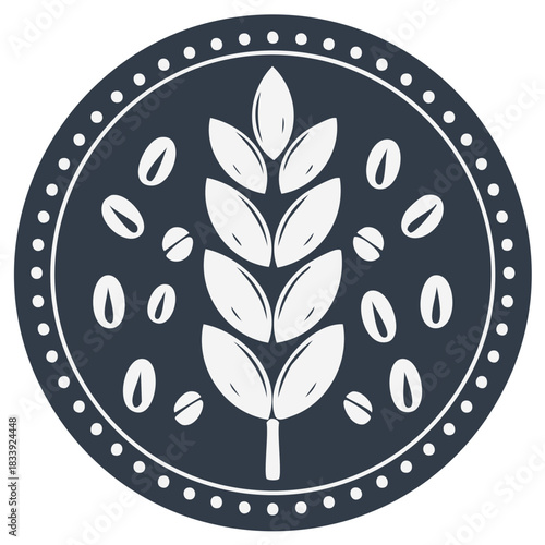 Minimalist round logo with a grain stalk and coffee beans, an emblem for a bakery, cafe or agricultural business