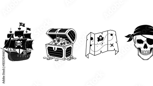 Black and white vector illustration featuring pirate themed symbols and characters isolated on a