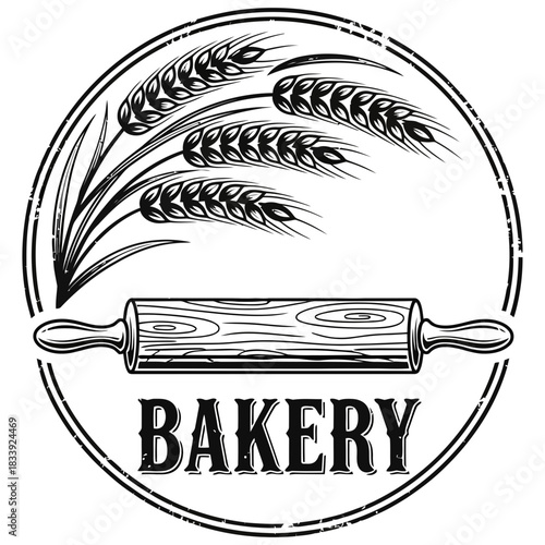 Rustic bakery logo featuring wheat stalks and rolling pin in vintage black and white style