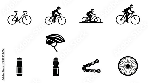 Black and white vector illustration featuring bicycle cycling equipment and cyclist silhouettes