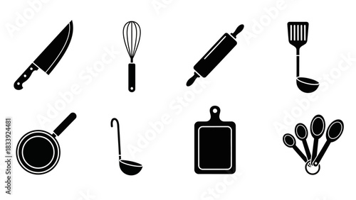 Black and white vector illustration of kitchen tools, depicting essential utensils for cooking and
