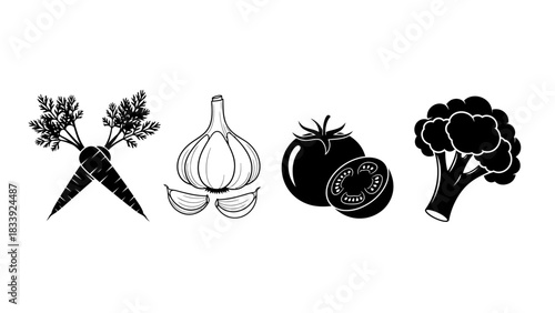 Black and white vector illustration of different vegetables aligned on white backdrop showcasing