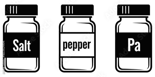 Salt pepper and paprika spice containers in a minimalist black and white illustration