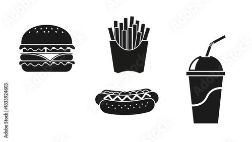 Classic fast food menu icons, including a burger, fries, hot dog, and soda pop cup, all in a