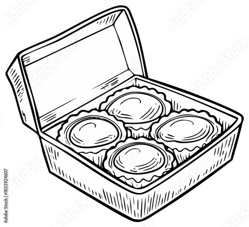 Open box with four round individual desserts in ruffled liners line art illustration
