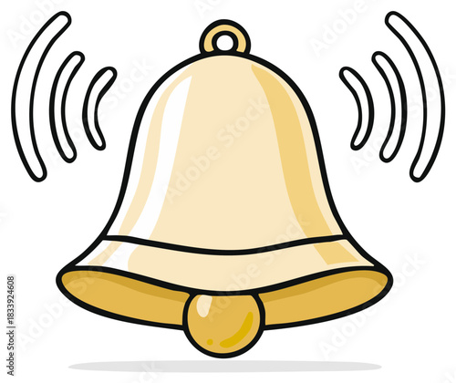 Cartoon bell ringing with sound waves, alarm, alert, call, announcement