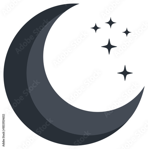 Minimalist dark gray crescent moon with twinkling stars, representing night, sleep, and celestial beauty