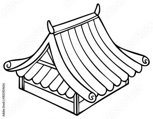 Black and White Line Art Illustration of a Traditional Asian Pagoda Roof