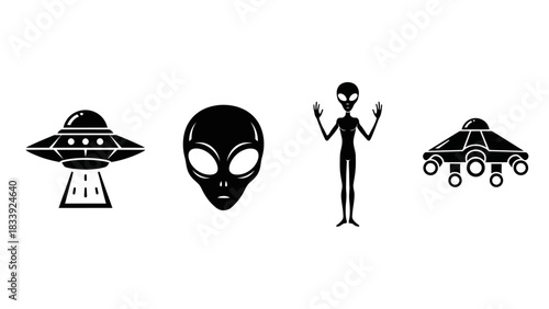 Collection of Alien Icons and UFO Spaceships in Black Silhouette on White Background