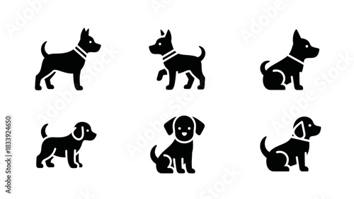 Collection of adorable dog icons in black silhouette presenting various breeds and poses