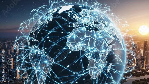 Glowing Digital Earth Globe With Connections Over City Skyline At Sunset With Sun Flare