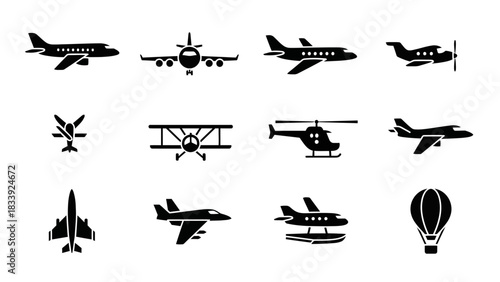 Collection of Black and White Aviation Iconography Representing Various Aircraft Types