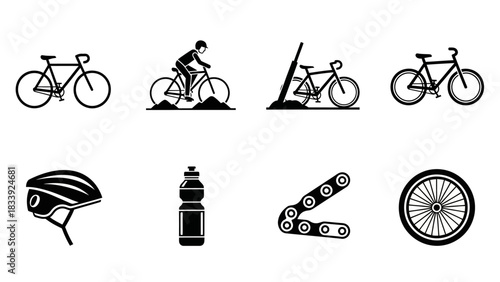 Collection of black and white bicycle and cycling related icons on a white background