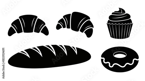 Collection of baked goods silhouettes featuring bread croissants cupcake and donut vector
