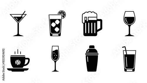 Collection of black and white beverage icons showcasing various drinks and bar tools representing