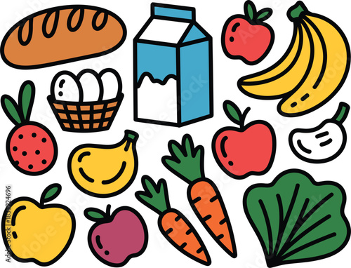 Colorful Cartoon Food Group Vector Illustration Set: Collection of Bread, Milk, Eggs, Fruits, and Vegetables for Healthy Eating, Menu, and Nutrition Graphics.