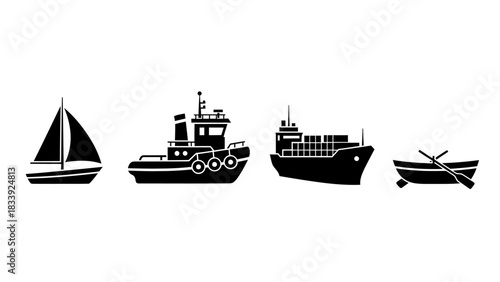 Collection of Black Silhouetted Watercrafts Featuring Sailboat Tugboat Cargo Ship and Rowboat