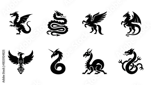 Collection of Black Silhouette Mythical Creatures Including Dragons and Pegasus