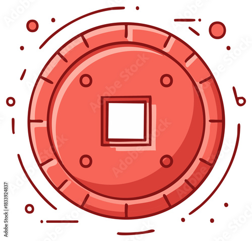 Stylized red traditional lucky coin icon with square center cutout and simple outline design