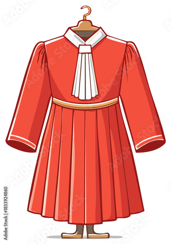 Illustration of a traditional red judge's robe with a white jabot hanging on a hanger