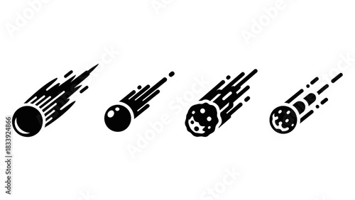 Collection of comet icon set, representing space objects hurtling through the cosmos with a fiery