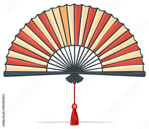 Colorful hand fan with tassel illustration, traditional Asian design, vector clip art