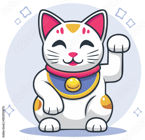 Cartoon Japanese Maneki Neko lucky cat, beckoning with raised paw, smiling and happy.