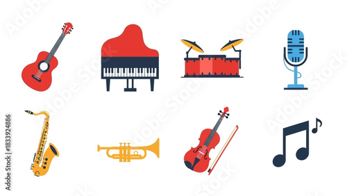 Collection of colorful musical instrument illustrations for music learning or performance