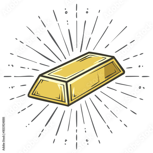 A shining gold bar ingot illustrated in a hand drawn vintage cartoon style