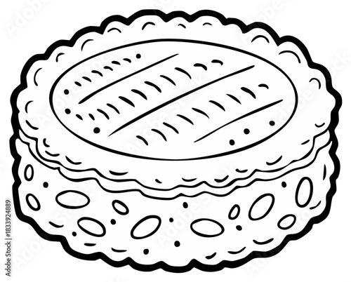 Round Cheese Wheel with Decorative Pattern and Textured Rind Vector Line Art