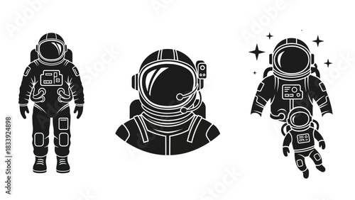 Collection of creative astronauts illustrations in black and white minimal design style