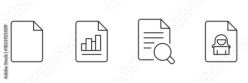 Blank document, analytics report, text review, user profile file icon vector illustration for office business use.