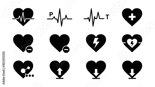 Collection of Heart Icons Representing Medical Conditions and Healthcare Solutions
