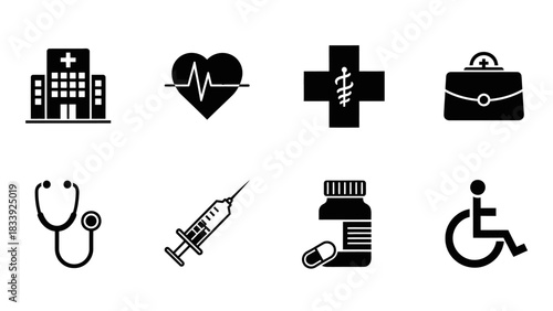 Collection of Healthcare Icons Representing Hospital Stethoscope and Medical Related Symbols
