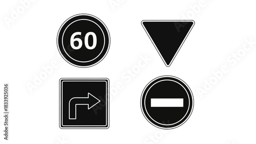 Collection of Isolated Black and White Road Sign Designs for Traffic Management Applications