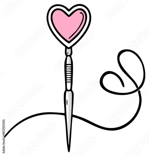 Whimsical pink heart pin, needlework, and winding thread. Cute hand drawn graphic of the sewing equipment for fashion design