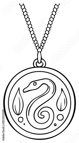 Circular amulet with snake and leaf motifs on a beaded chain