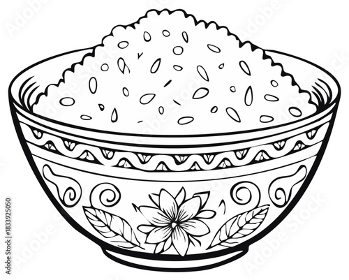 Monochrome vector outline drawing of a traditional decorated bowl full of cooked rice grains