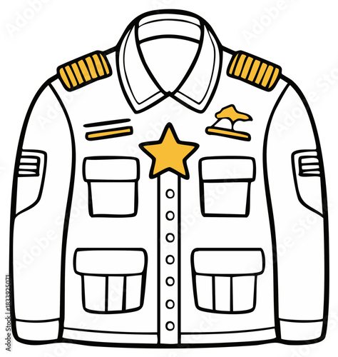 Detailed Outline of a White Uniform Jacket with Golden Accents, Buttons, Pockets, and Epaulettes, Bold Lines