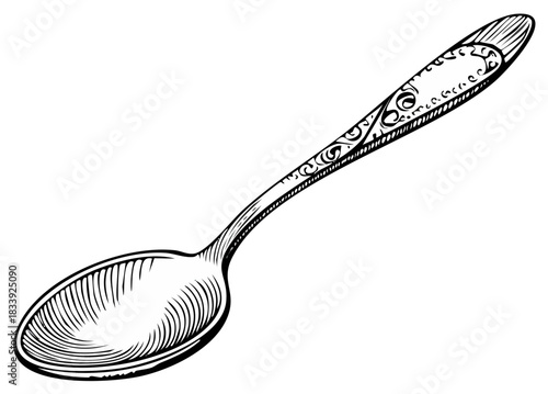 Engraved metal spoon with ornate handle detail illustration