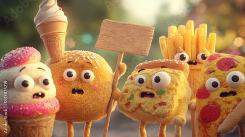 A group of funny anthropomorphic junk food characters protesting with a blank sign. Cute 3D cartoon pizza, hamburger, and ice cream mascots. Unhealthy eating and diet concept with copy space