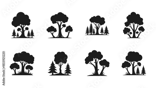 Collection of stylized tree and forest silhouettes for landscape design and nature illustrations